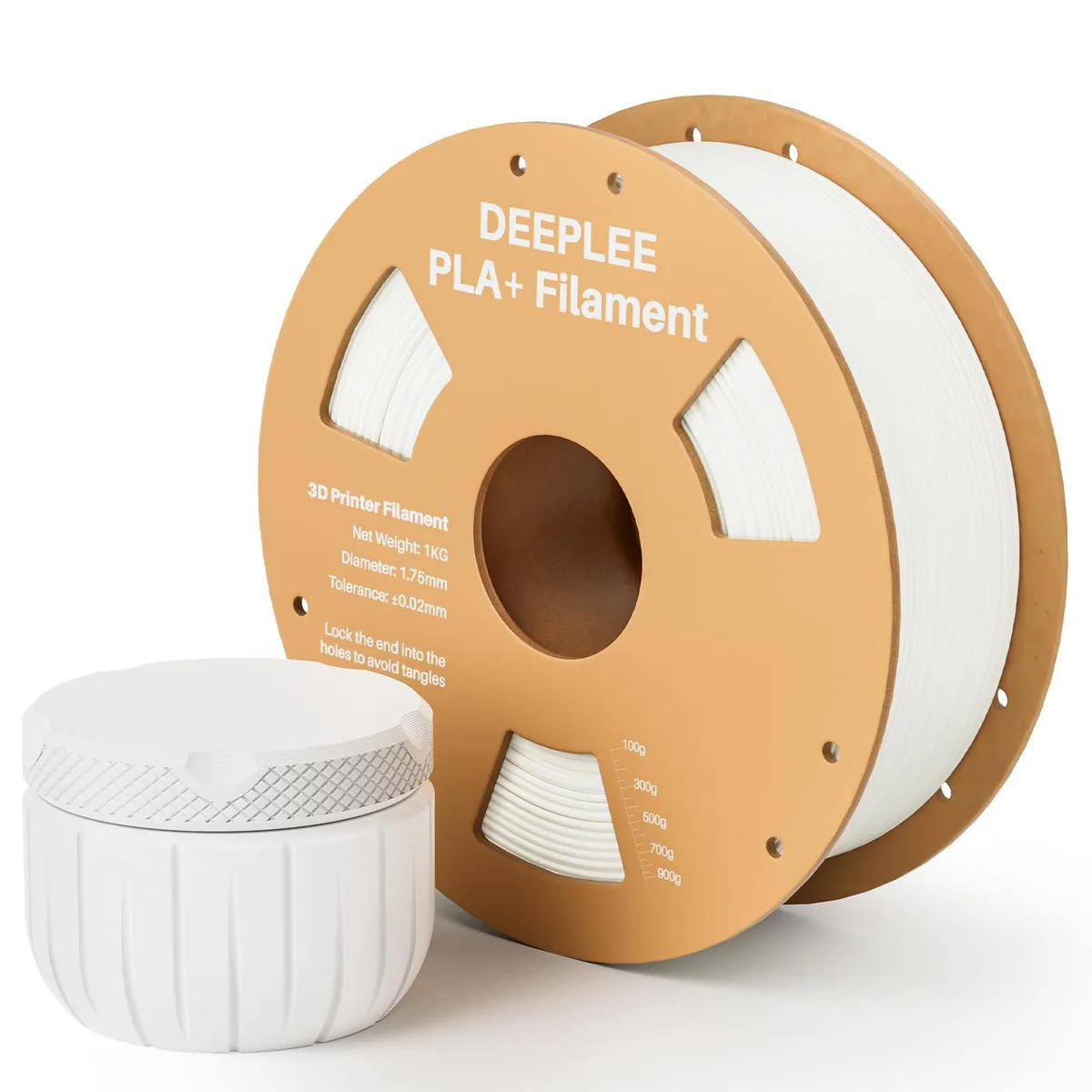 White 1.75 mm PLA+ filament on a cardboard spool, vacuum-sealed