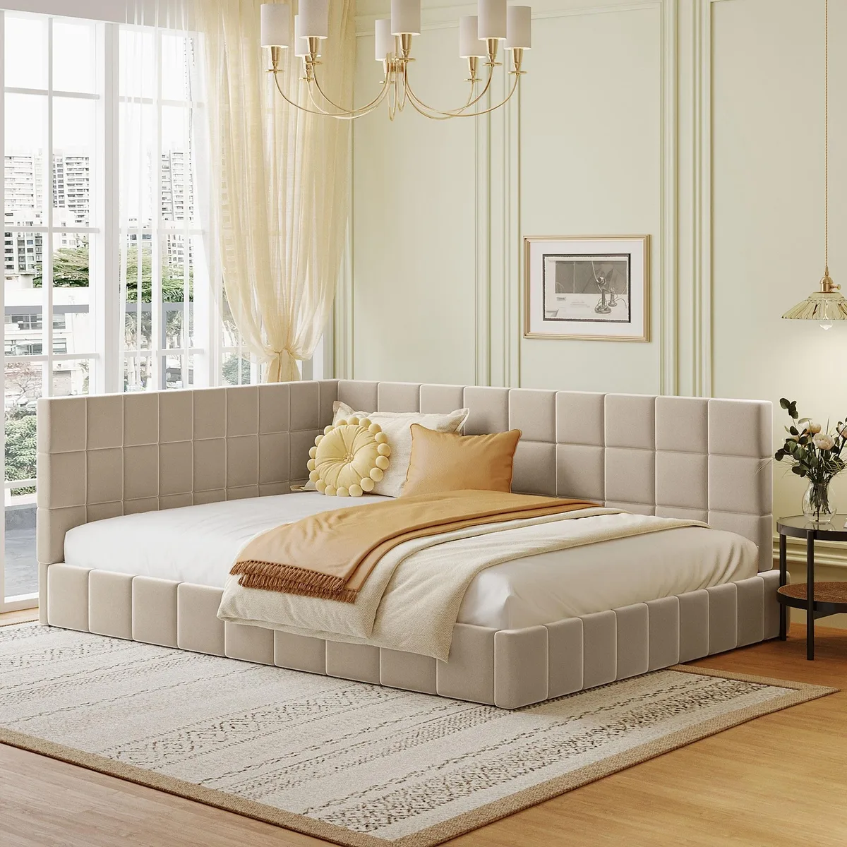 Full-size daybed frame in beige velvet with backrest and armrests