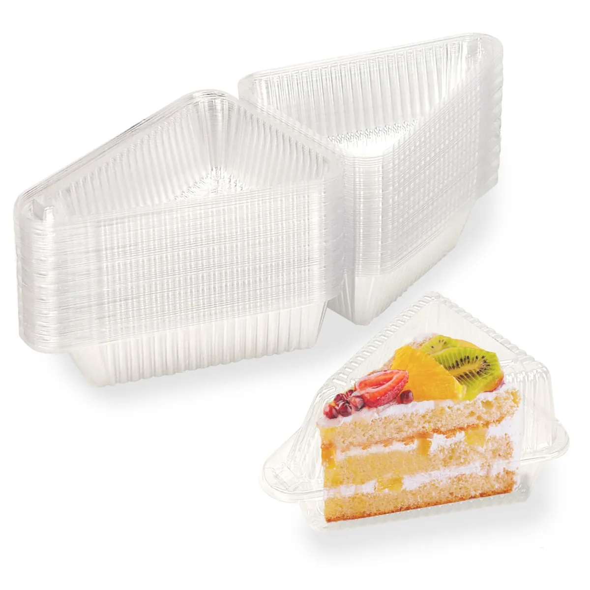 Pack of 50 clear triangular cake slice containers with snap lids