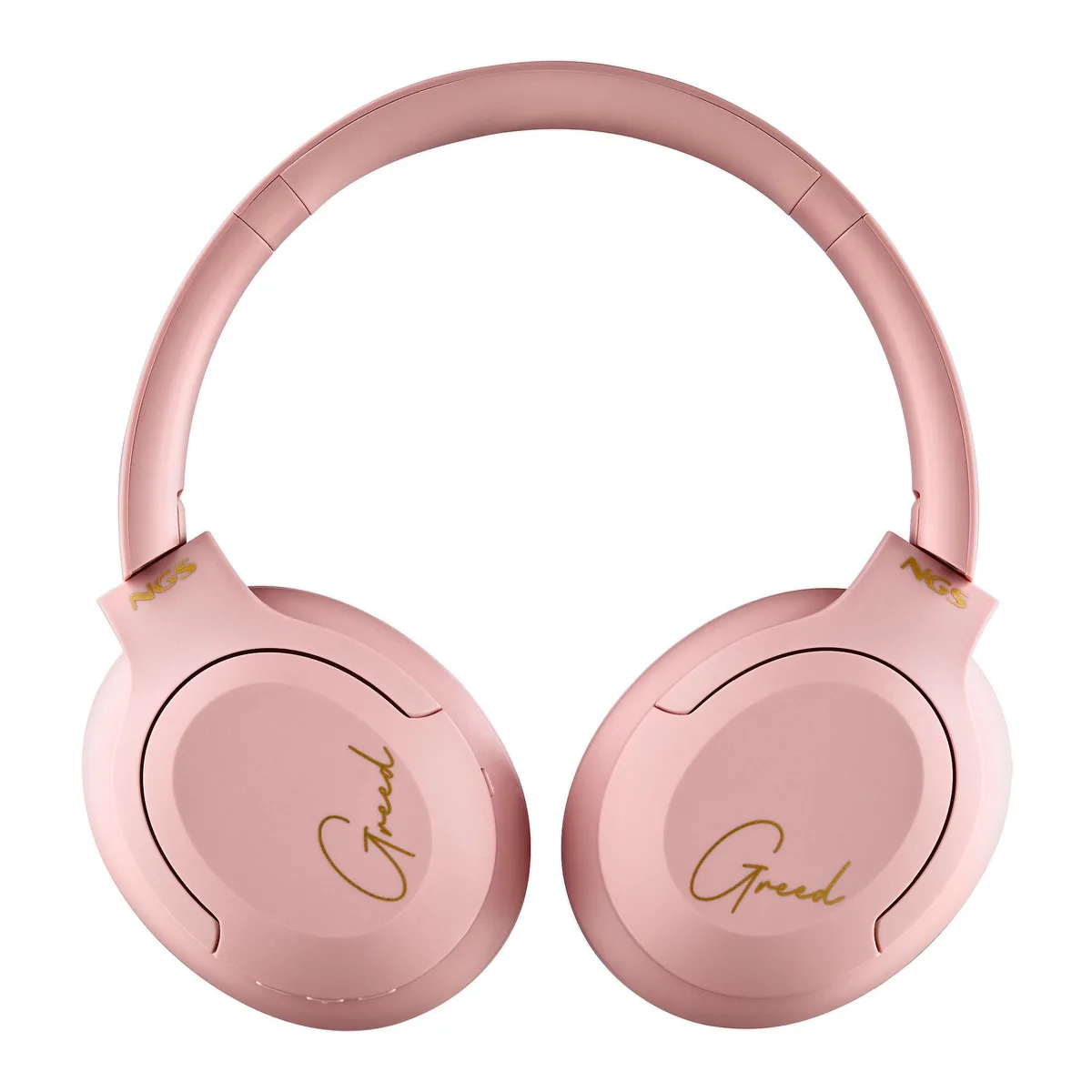 Pink over-ear wireless headphones with cushioned headband, foldable design, and built-in microphone