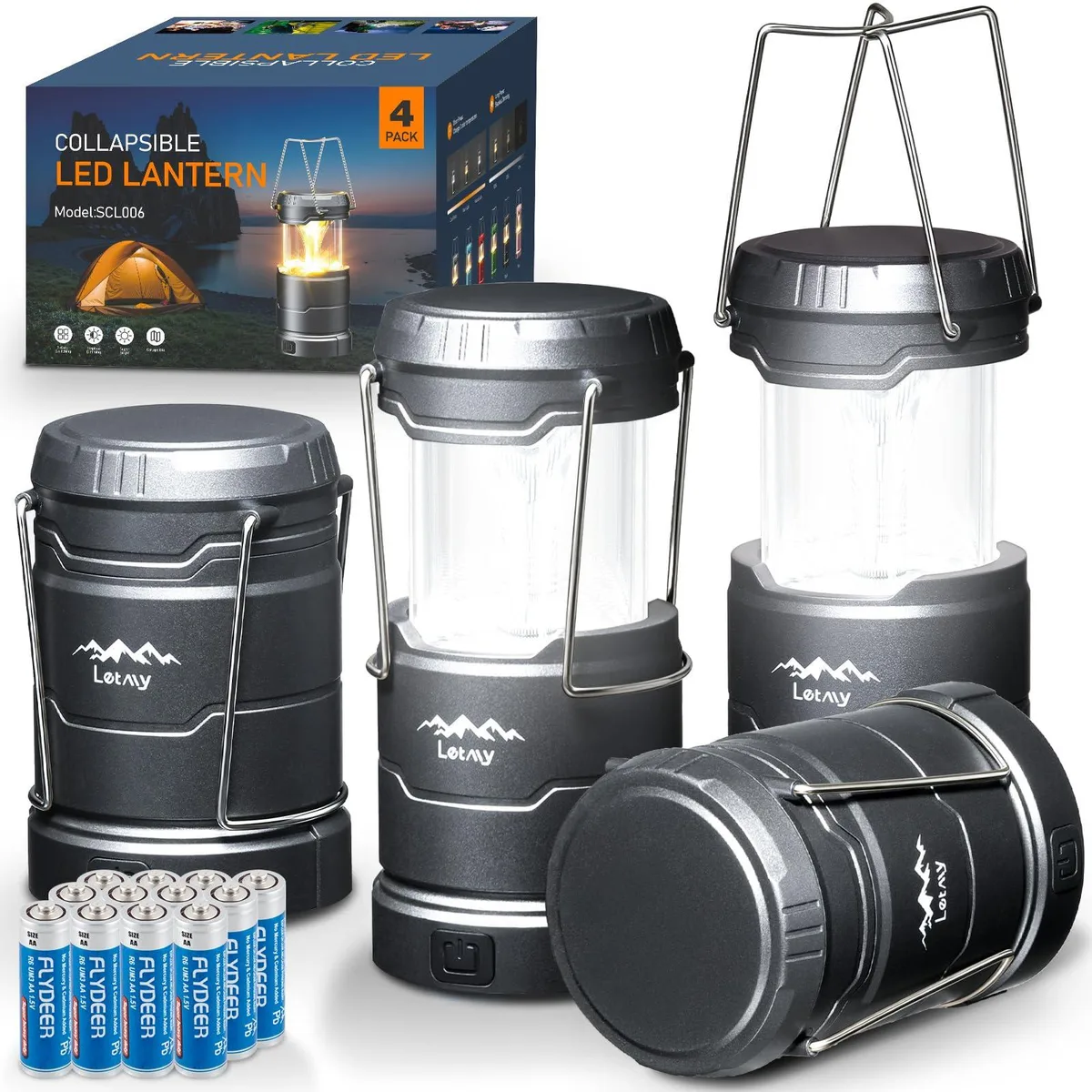 Four black cylindrical LED lanterns standing upright on a flat surface