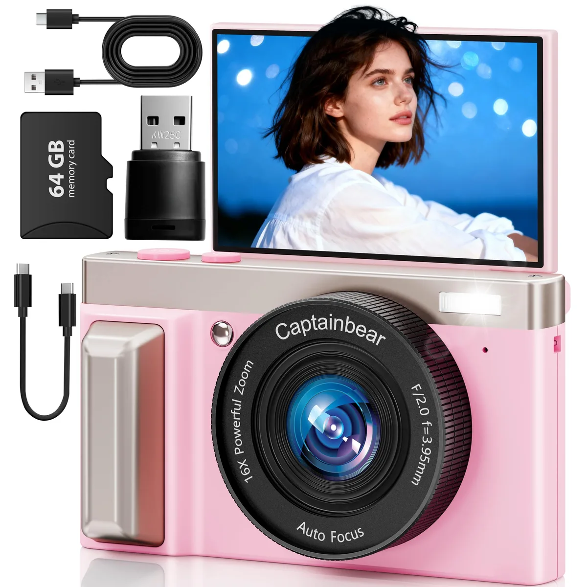  Captainbear DC-A9 64MP 16x Zoom 3" 180° Flip Pink — product photo