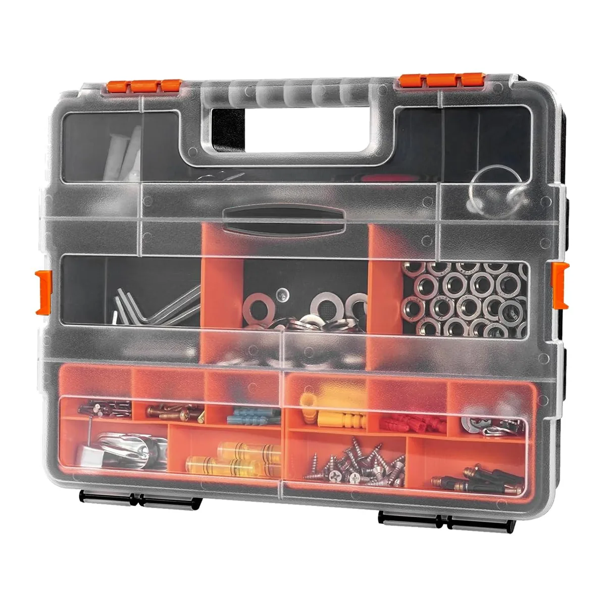 Clear-lidded black plastic organiser box, 21 compartments, removable dividers, orange snaps