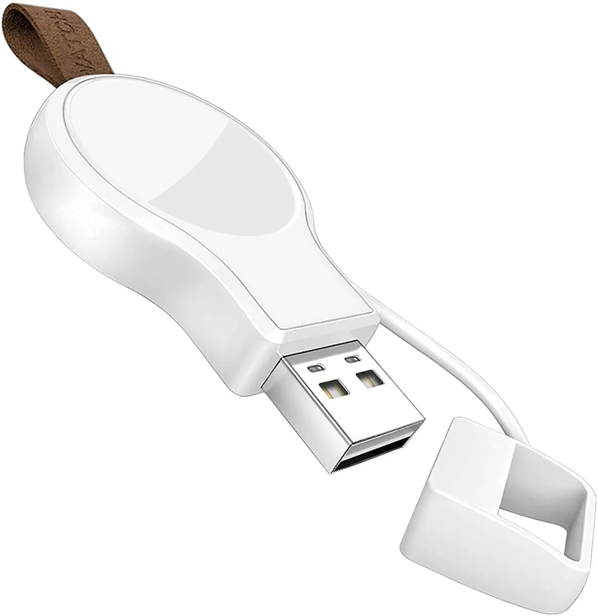 Small white USB-A magnetic puck charger for Apple Watch