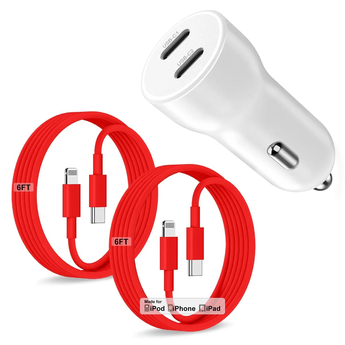 Red dual USB-C car charger with six-foot Lightning cable