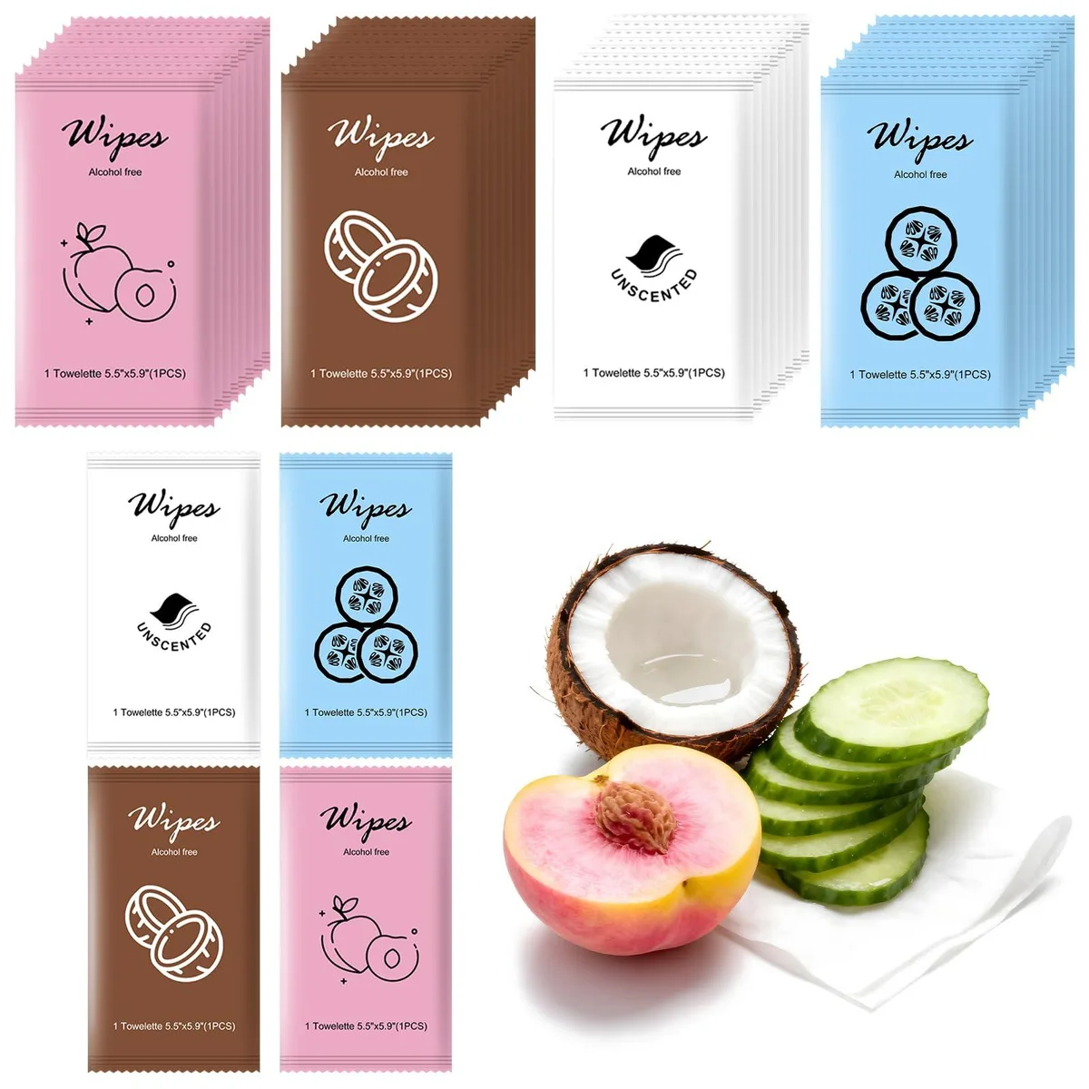 Rectangular box of 40 individually wrapped wipes, four scents, 5.4 by 11.8 by 13.4 cm