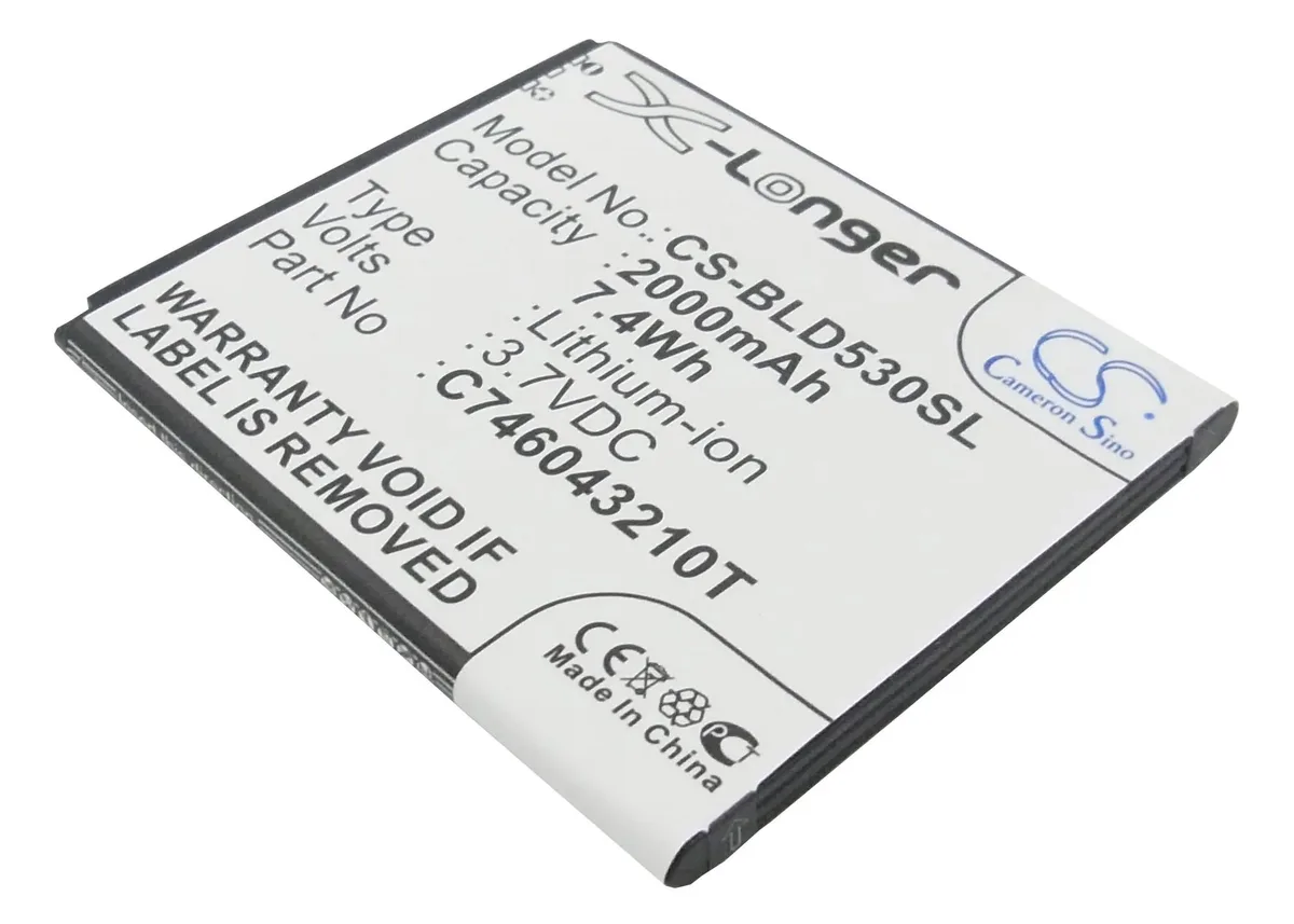 Rectangular smartphone battery with gold contacts and printed label