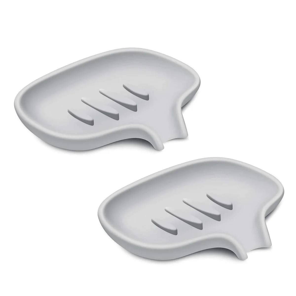Two grey silicone soap dishes with angled drainage ridges