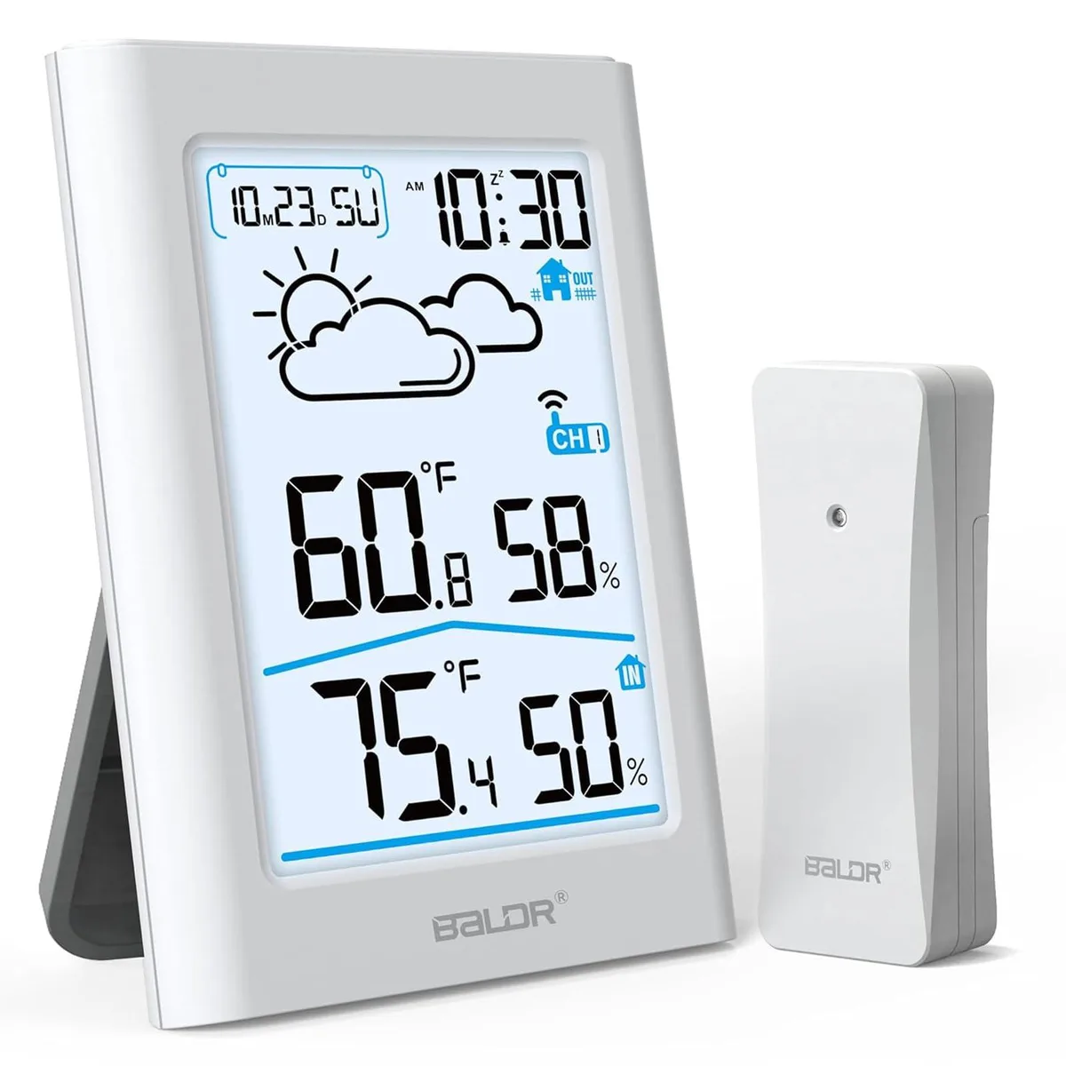 White wireless indoor outdoor thermometer with 4.5 inch display and black remote sensor