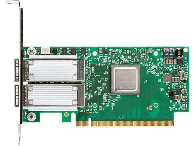 Green PCB network card with tall metal bracket and two QSFP28 ports