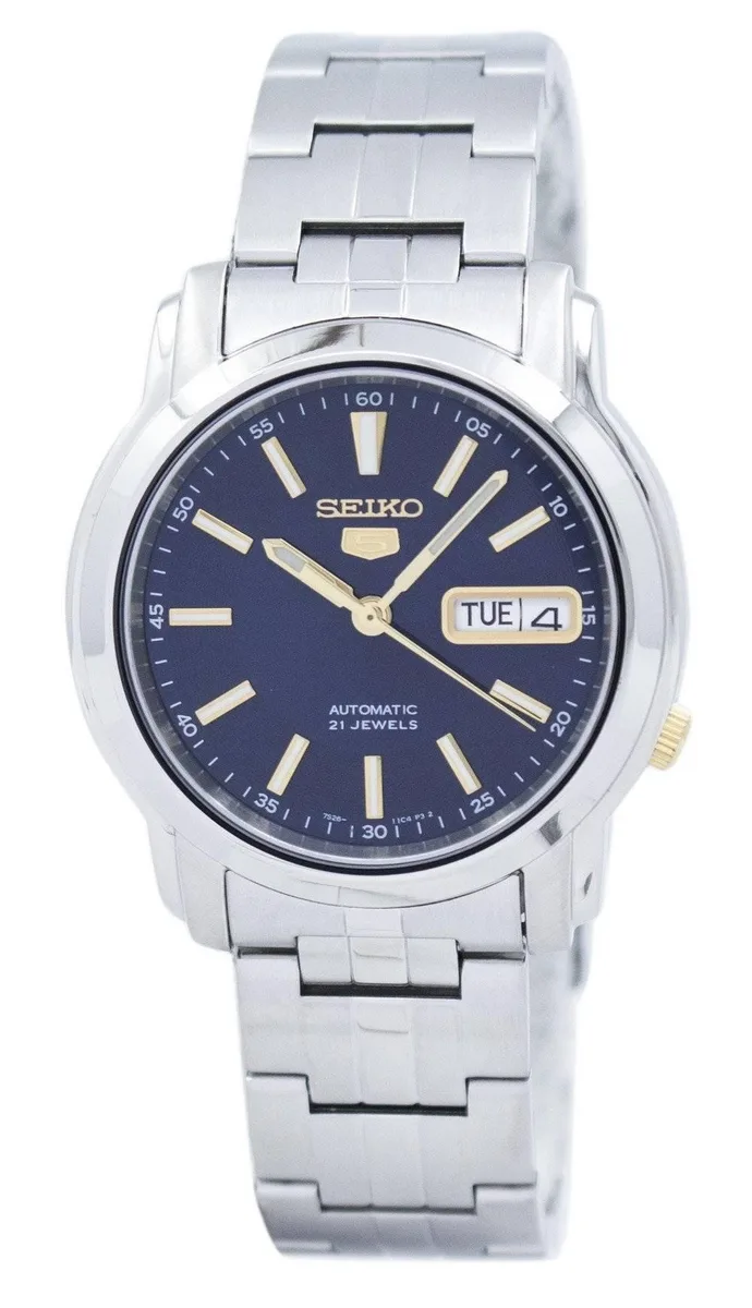 Silver stainless steel round watch with blue dial and matching bracelet, 38mm case
