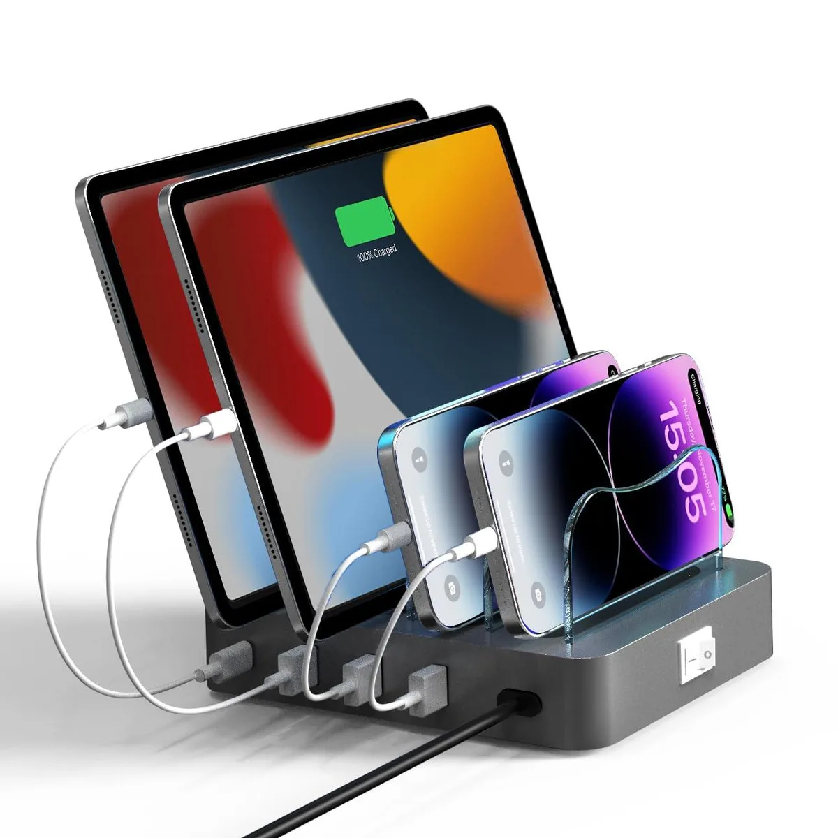 Grey four-port USB charging station with straight blade plug and removable divider panel