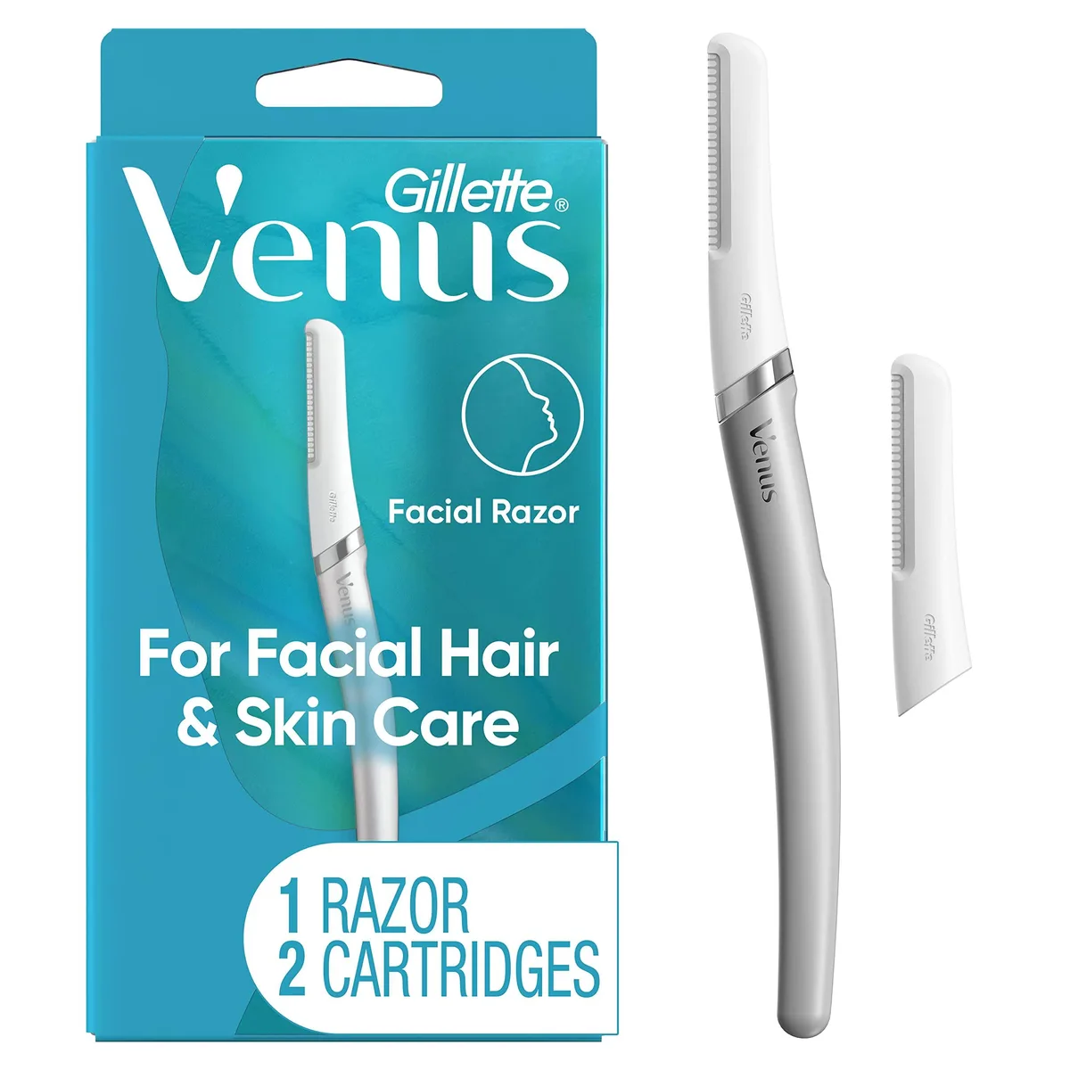 White Gillette Venus dermaplaning razor with refillable handle and blade guard