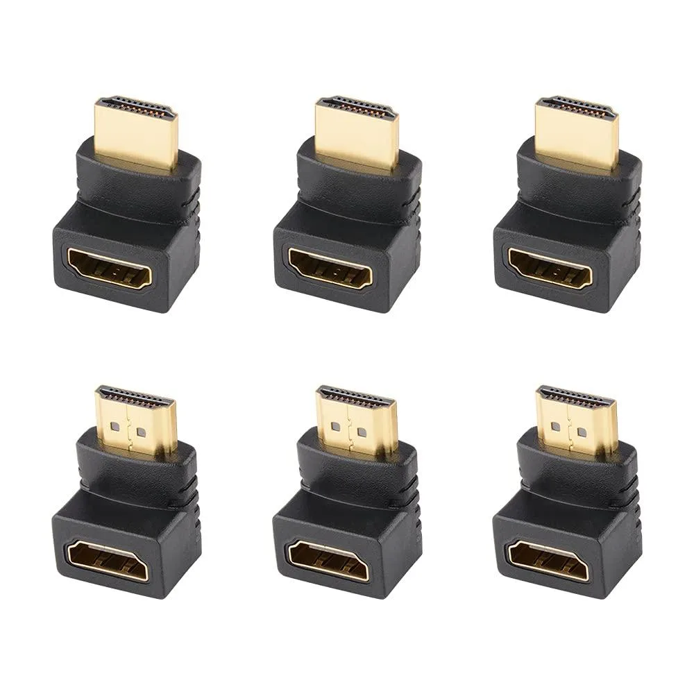Six black right-angle HDMI adapters 90 and 270 degree male to female gold contacts