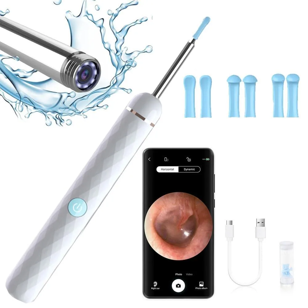 White ear cleaning device with camera and LED lights, 6.7 inches long