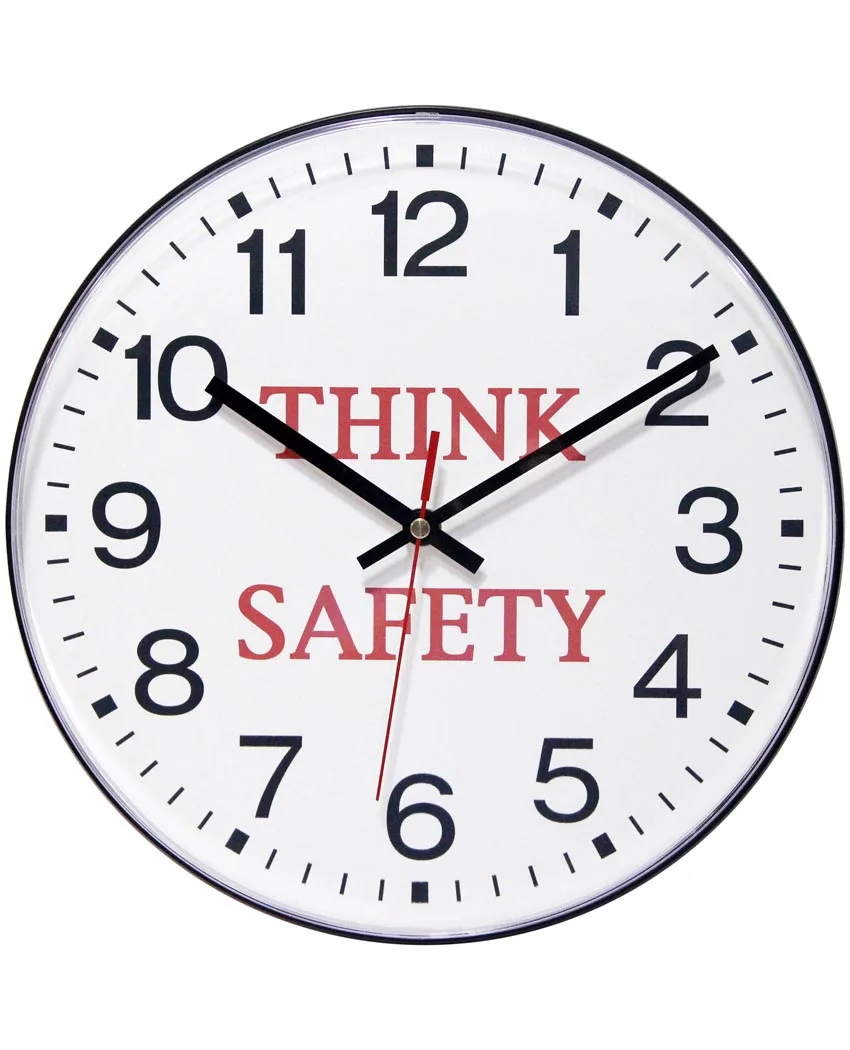 White 12 inch wall clock with black Arabic numerals and Think Safety text