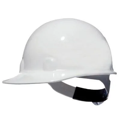 Orange thermoplastic hard hat with front brim and 8-point ratchet suspension