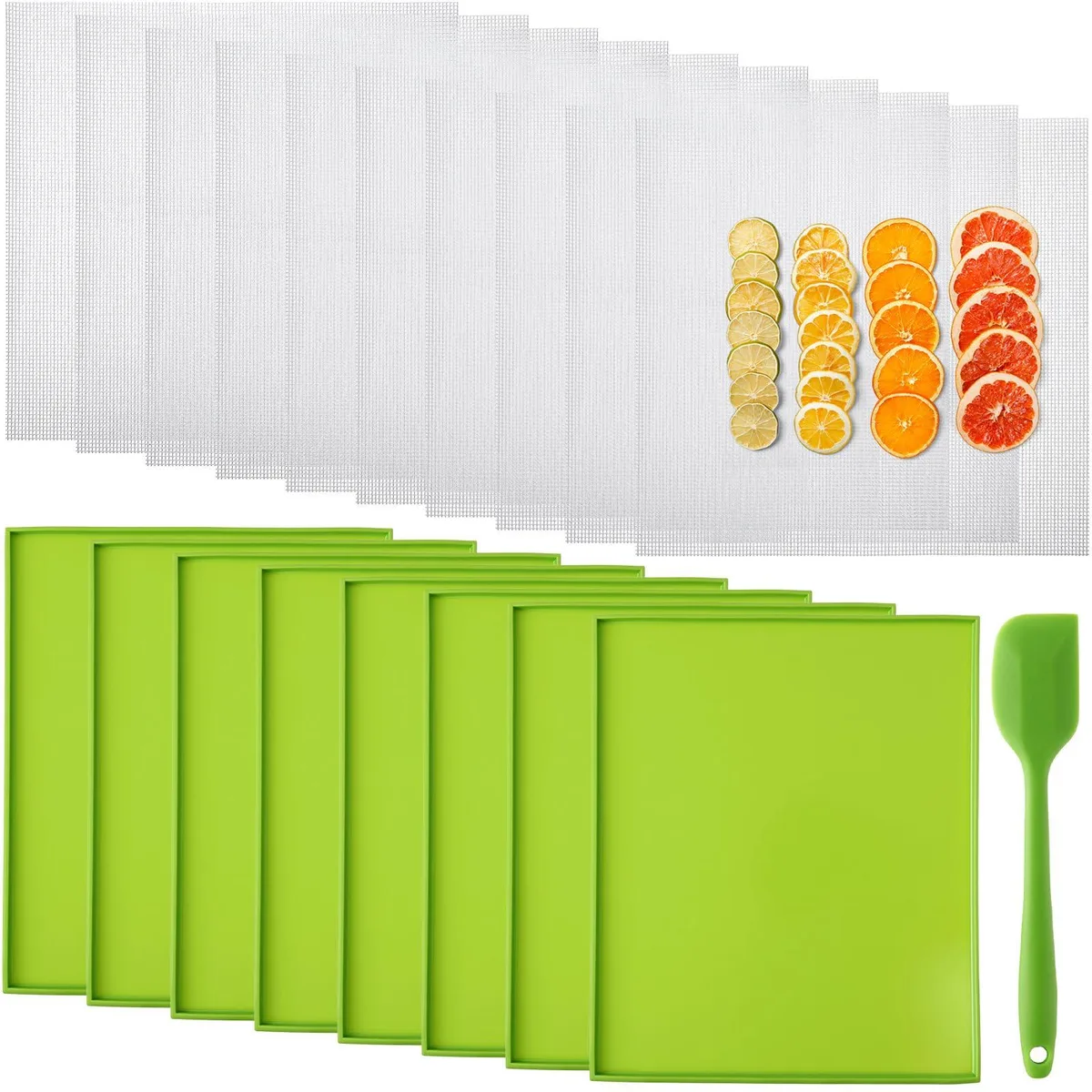 A set of green silicone dehydrator mats, mesh dryer mats, and a baking scraper