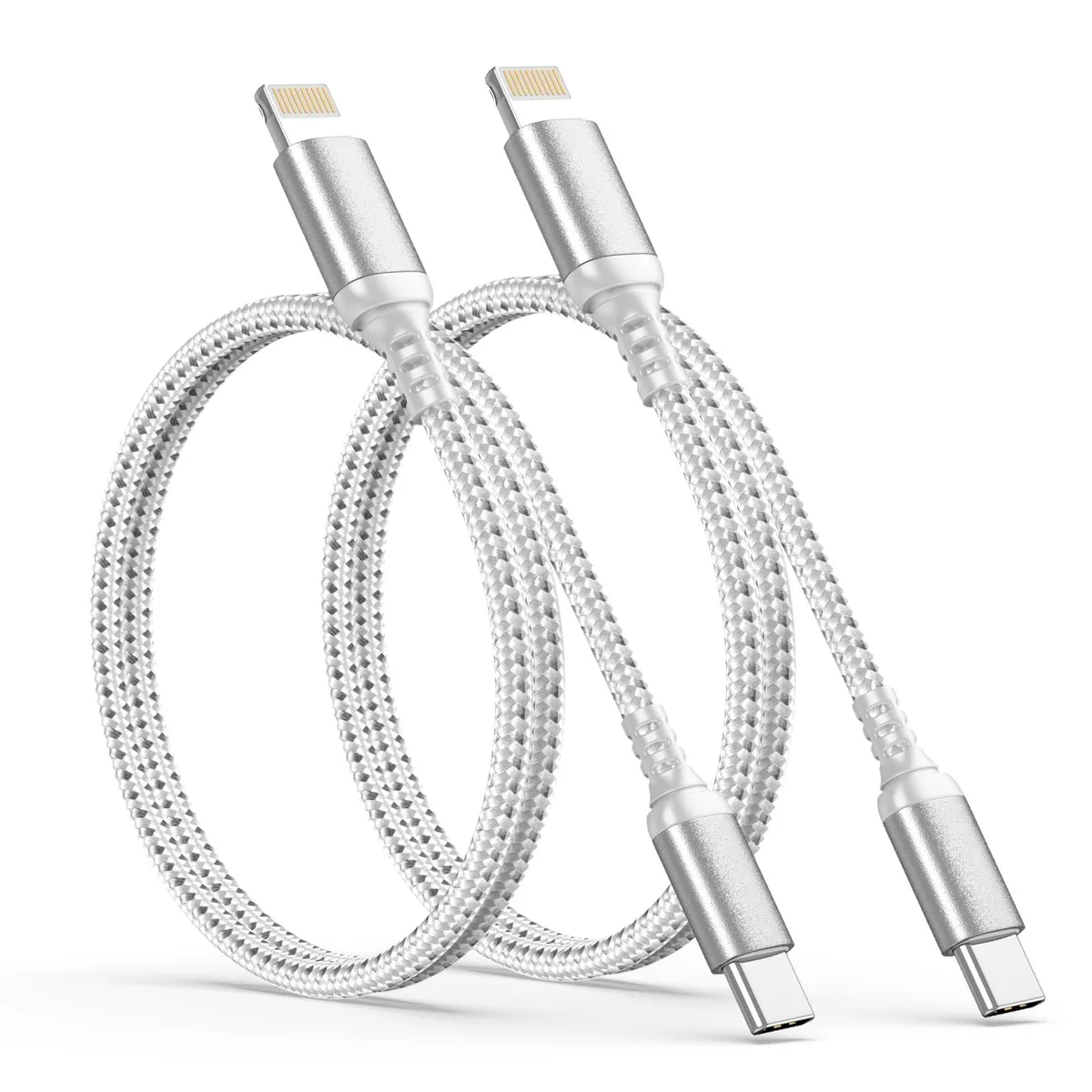 Two short gray USB-C to Lightning cables, braided, male-to-male connectors