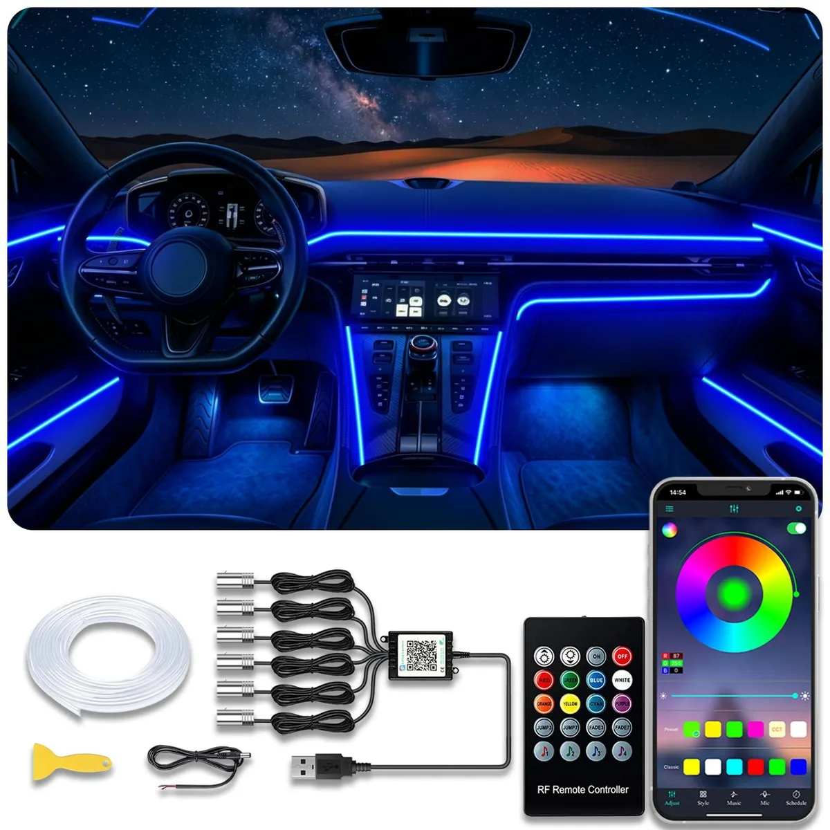  Jushope Interior Car LED Strip Lights USB Ambient Lighting Kit 6 in 1 — product photo