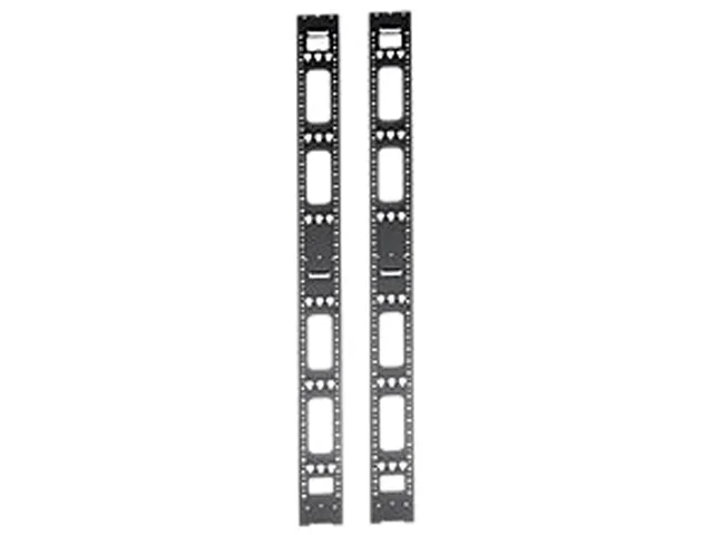 Two black vertical cable management bars for 45U rack, keyhole slots, 81.3 by 4.6 by 1.6 inches