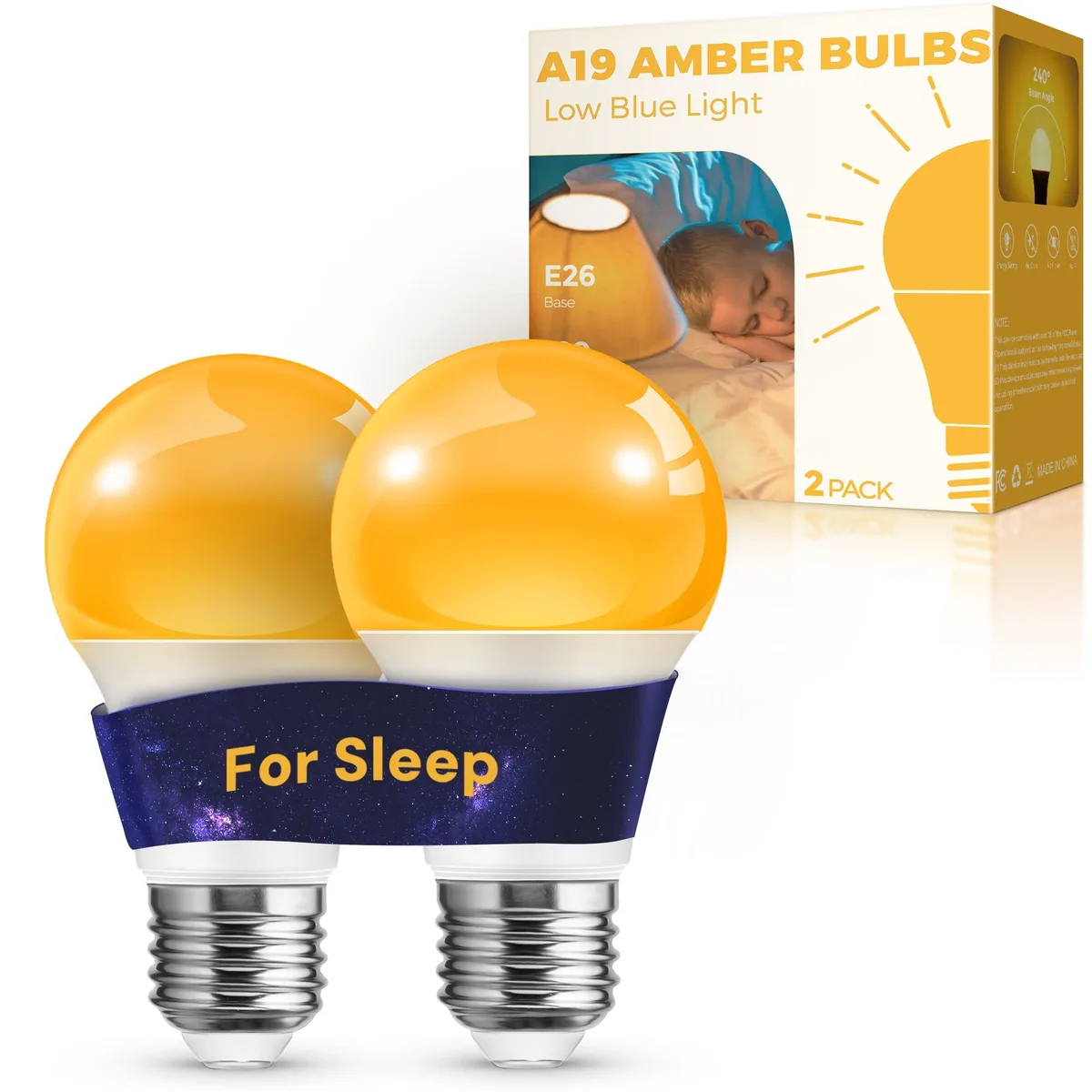Two amber A19 LED bulbs with E26 bases, warm 1800K glow for sleep-friendly lighting