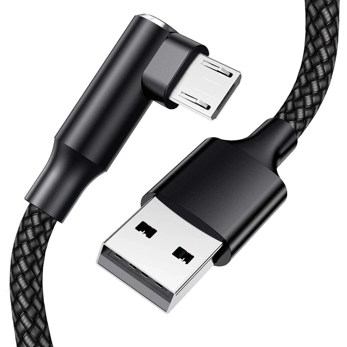 Two black braided Micro USB cables with 90-degree connectors