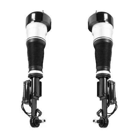 Pair of silver electronic air strut assemblies with black rubber bellows and top mounts