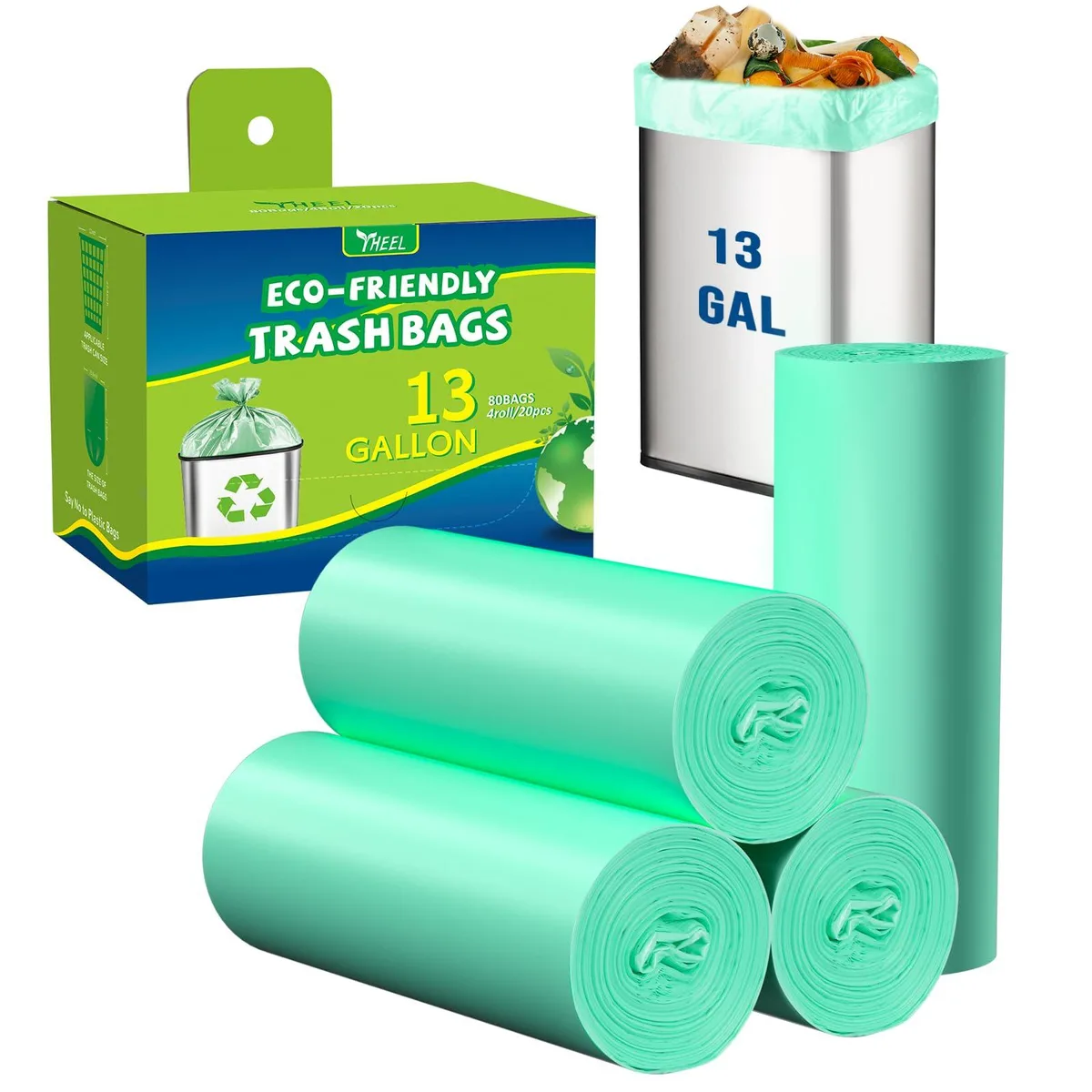 Green 13 gallon tall kitchen trash bags on a roll, 80 count pack