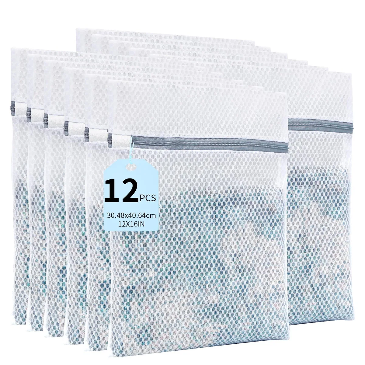 Twelve white mesh laundry bags with invisible zippers laid flat