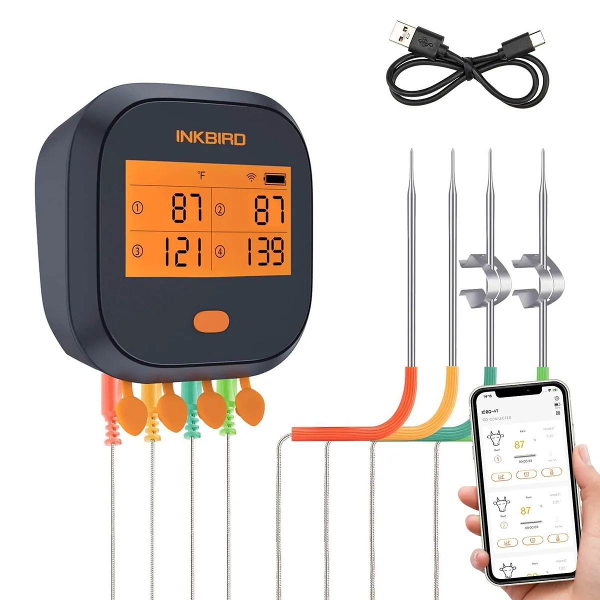 Black rectangular thermometer with four coloured probes and magnetic back