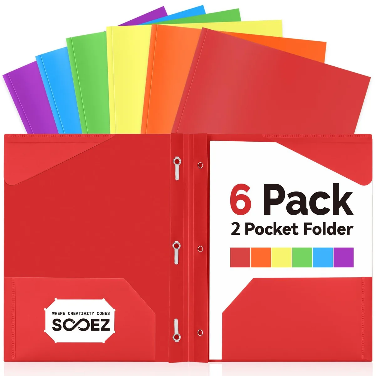 Six poly two-pocket folders in bright colours with three prongs and labels