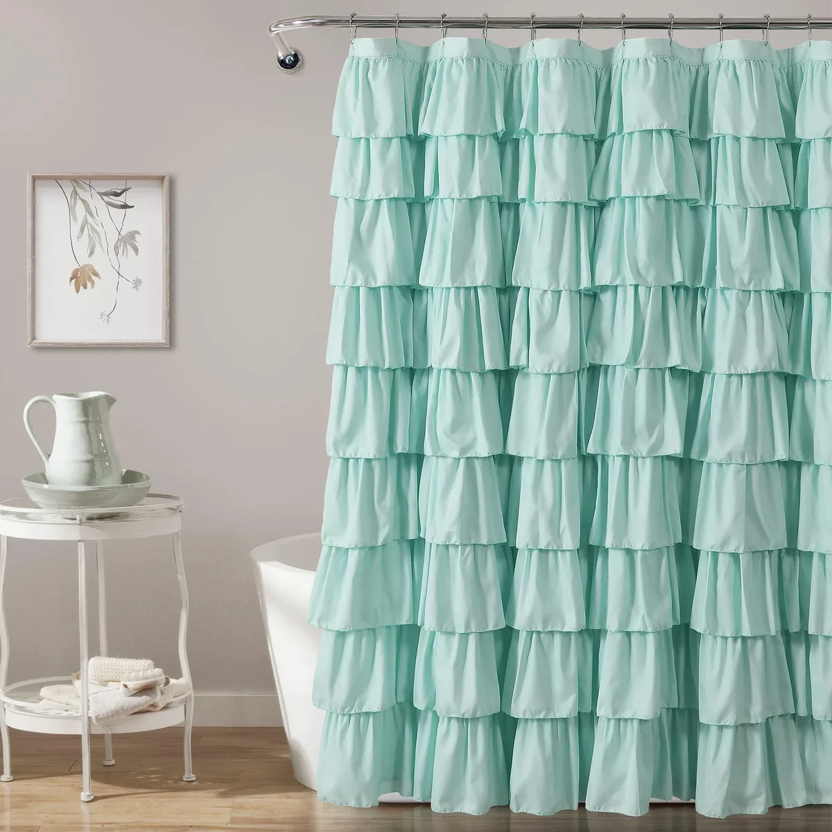 Light turquoise polyester shower curtain with cascading ruffles and 12 grommets, 72 by 72 inches