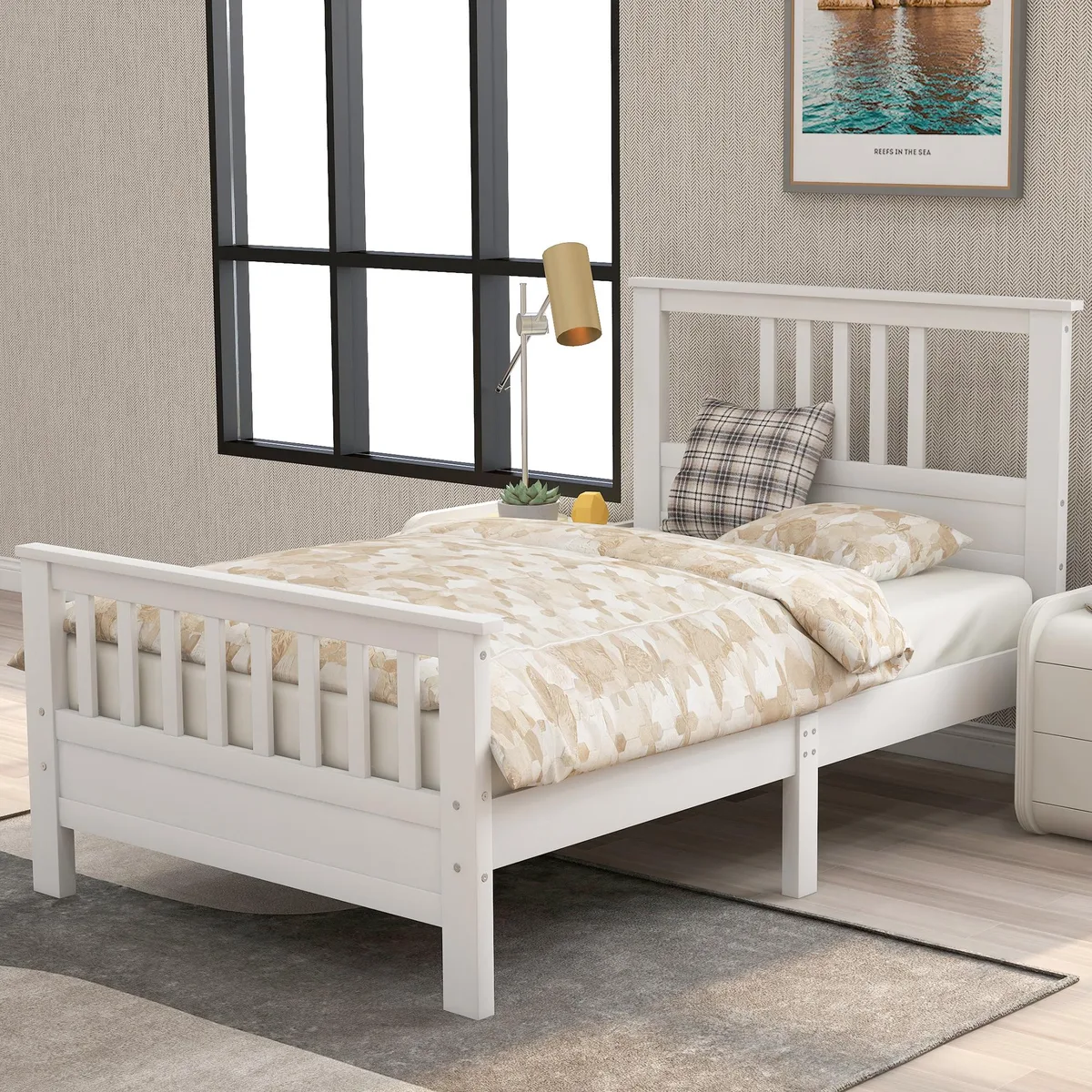 tuphen tuphen Wood Platform Bed Twin White 42 in headboard 26.3 in footboard 10 slats — product photo
