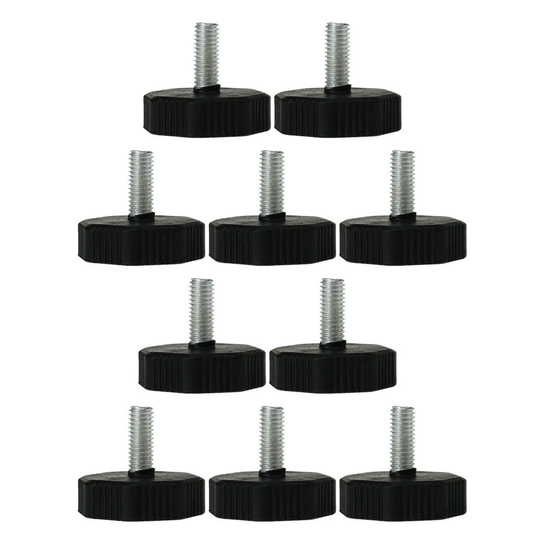 Ten silver metal threaded stems with black plastic bases on a light background
