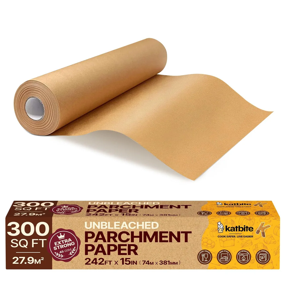 Unbleached parchment paper roll in cardboard box with serrated cutter