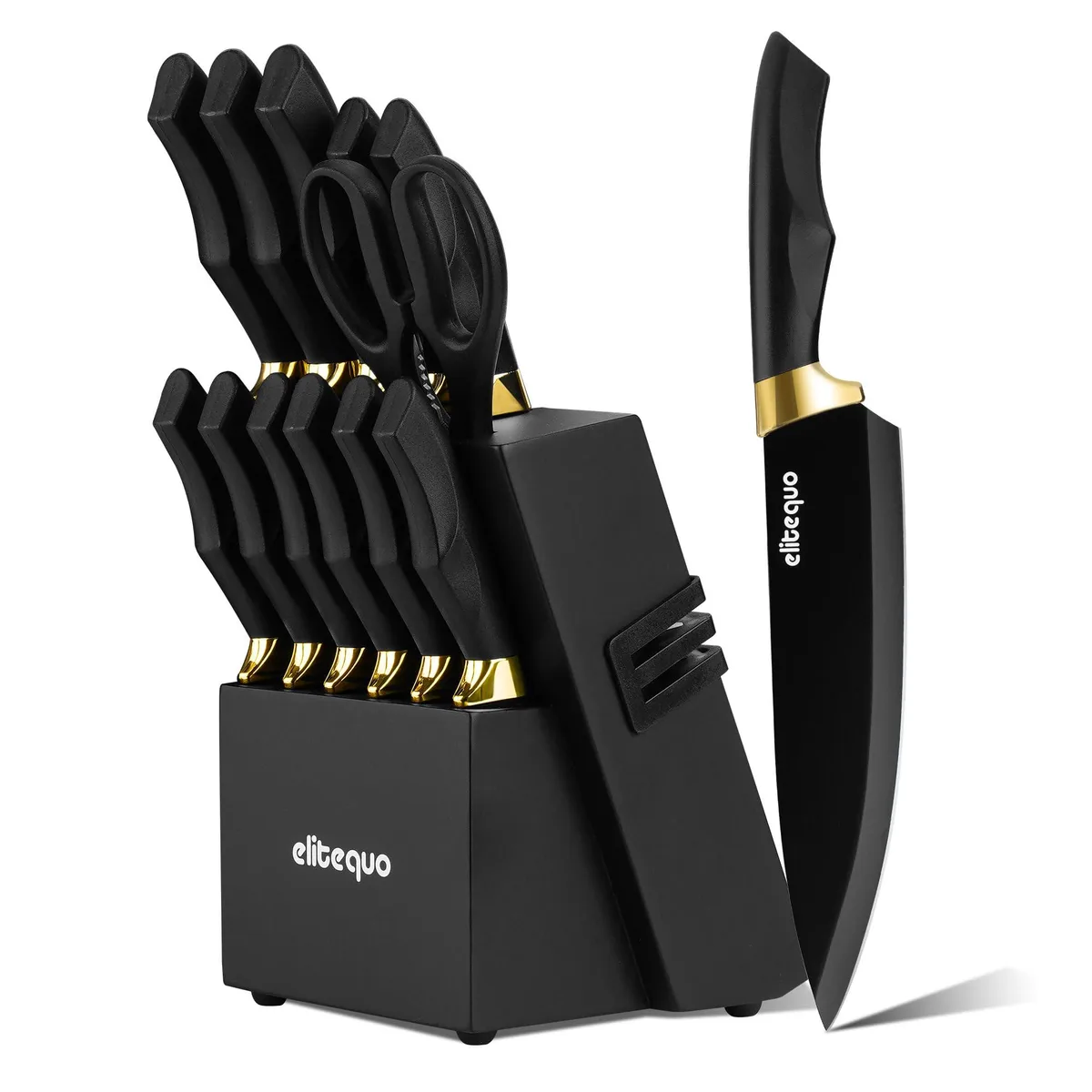 Black knife block set with built-in sharpener, stainless steel blades, polypropylene handles, gold accents