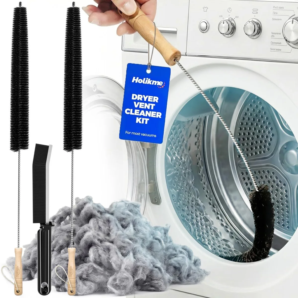 Three-piece dryer vent cleaning kit with stainless steel bristles and wood handles