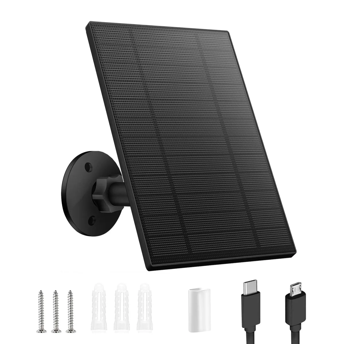 Black rectangular solar panel with adjustable bracket, micro USB and USB-C ports, 9.8ft cable