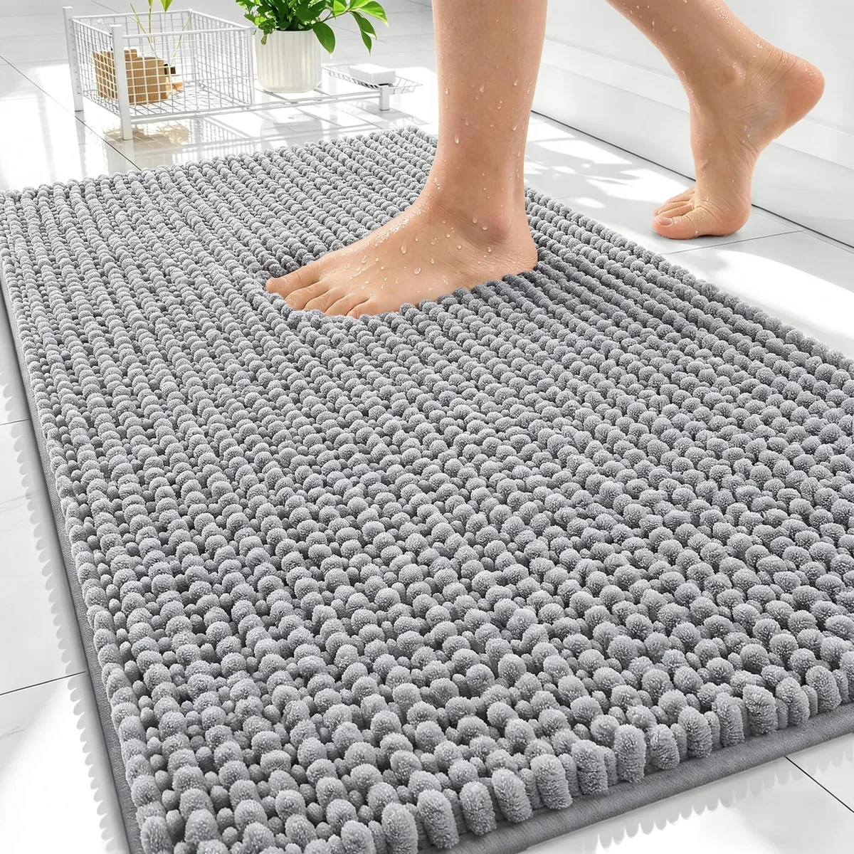 Grey rectangular chenille bath mat 30 by 20 inches