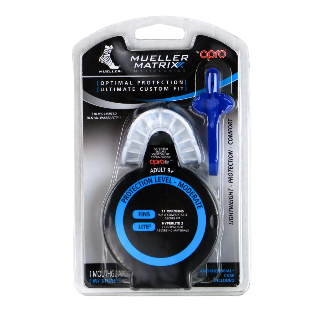 Royal blue Mueller Matrix mouthguard with fitting handle, spacers, strap and case