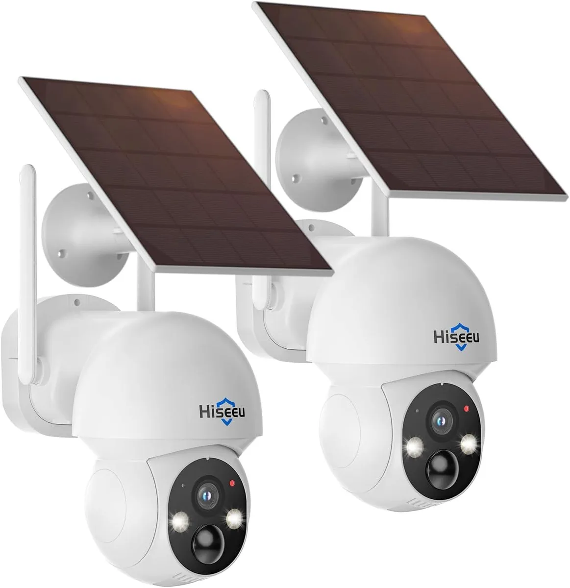 Two white bullet cameras with solar panels mounted above, PTZ design, outdoor wireless security set