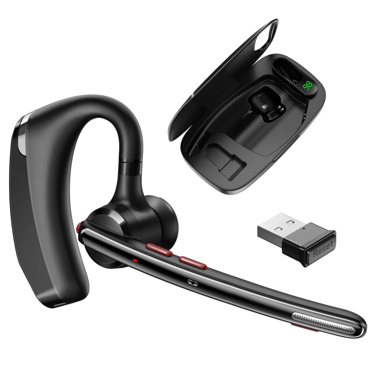 Black single-ear in-ear headset with charging case