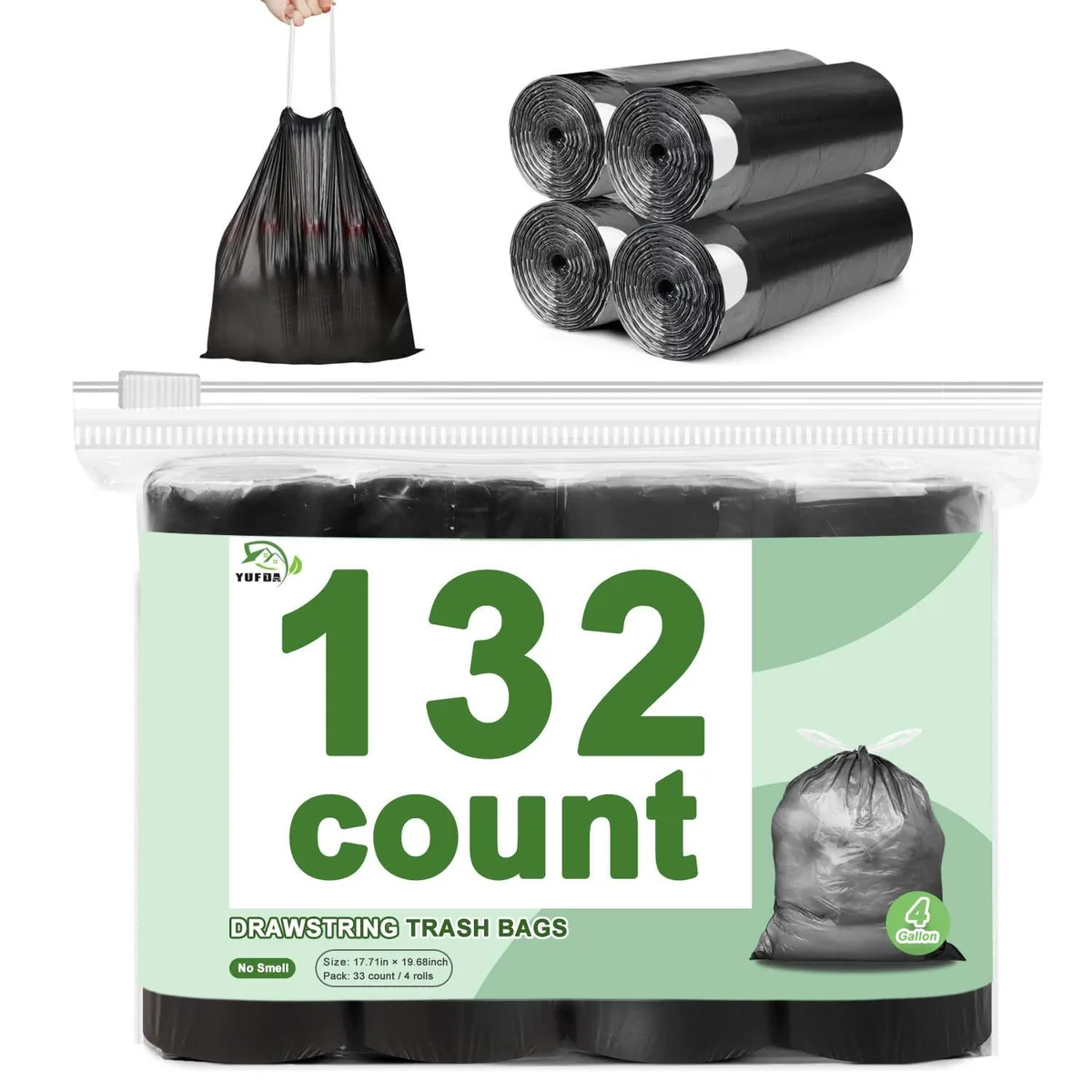 Boxed rolls of black drawstring trash bags, 132 count, 4 gallon capacity