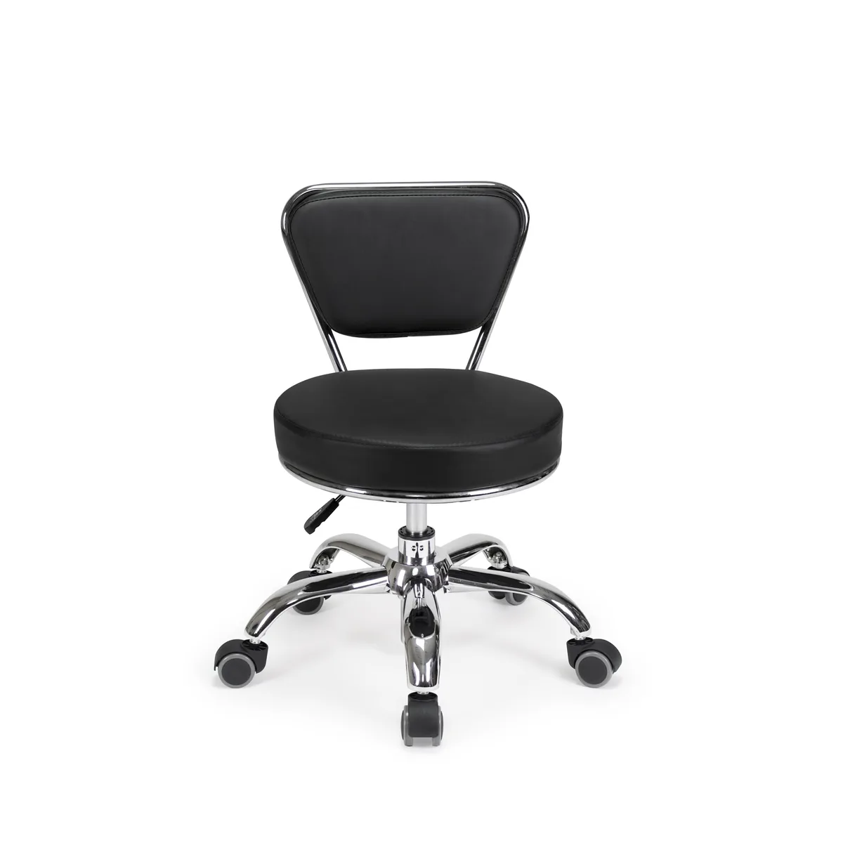Black pneumatic pedicure stool with chrome frame, padded vinyl seat, ergonomic backrest and five casters