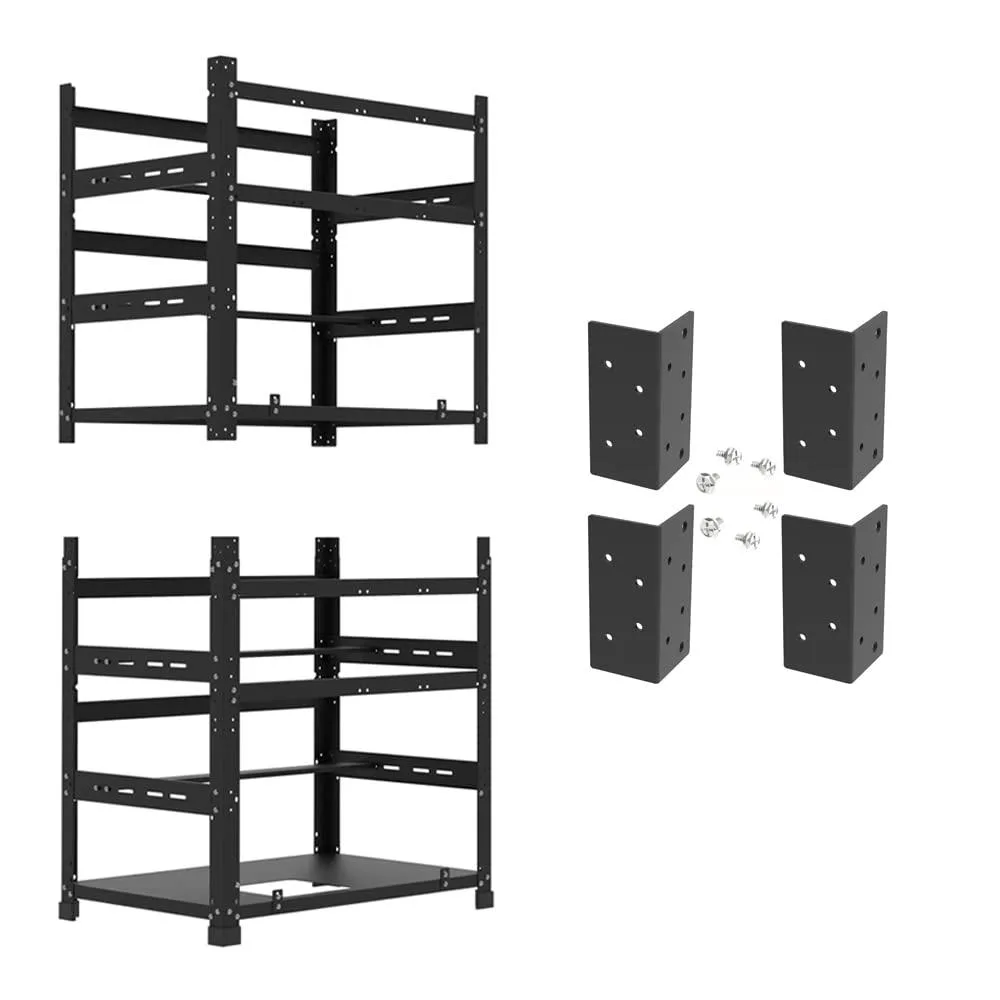 Black open steel frame for twelve GPUs with stacking brackets, rubber feet and EVA foam cross bars