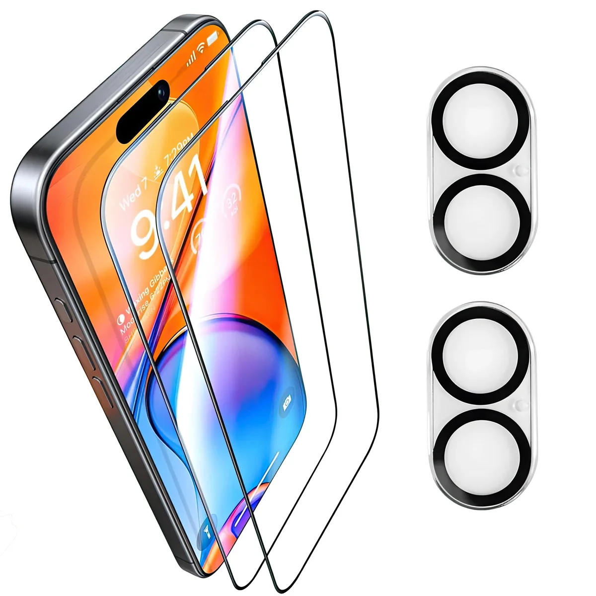 Two clear screen protectors and two camera lens protectors for iPhone 16