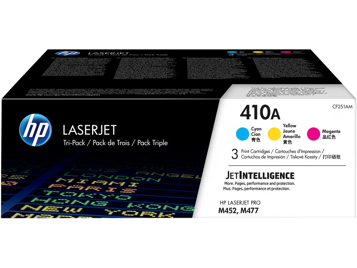 HP HP 410A CF251AM 3-pack Cyan/Magenta/Yellow toner cartridges (genuine brands) — product photo