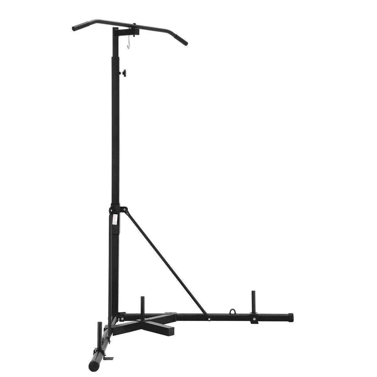 Black freestanding steel frame with adjustable vertical post, punch-bag hook and horizontal pull-up bar, square base with four feet
