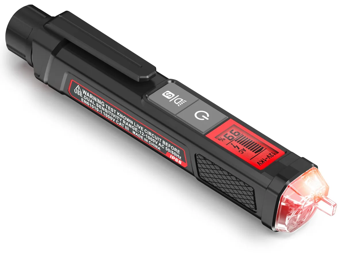 Black non-contact voltage tester pen with LCD screen and red tip, 6.1 inches long